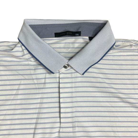 Greyson Shirt Mens XXL White Polo Purple Striped Golf Preppy Wolf Activewear NEW - Picture 1 of 9
